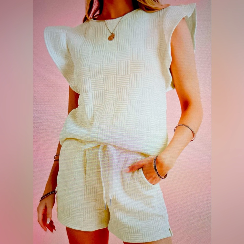 Stylish Cream Textured Top and Shorts Set